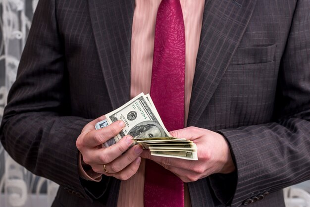 Business person counting dollar banknotes in hands