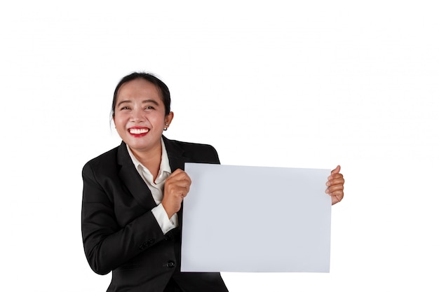 Business person holding a blank white paper in hand isolated on white.