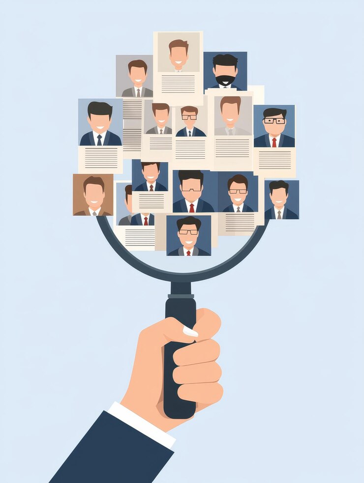 Business Person Holding Magnifier over Multiple Images