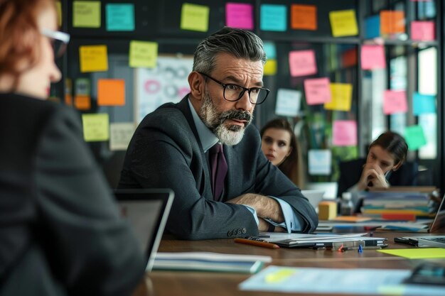 Photo a business person is sitting in a room in the concept of a serious work meeting