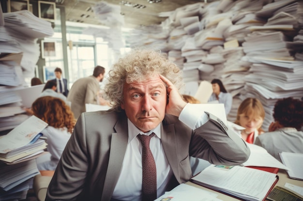 business person overwhelmed and stressed with to many papers and files work concept