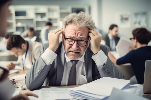 business person overwhelmed and stressed with to many papers and files work concept