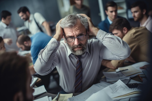 business person overwhelmed and stressed with to many papers and files work concept