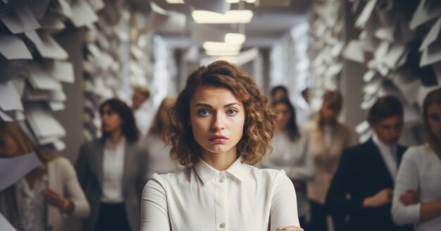 Photo business person overwhelmed and stressed with to many papers and files work concept