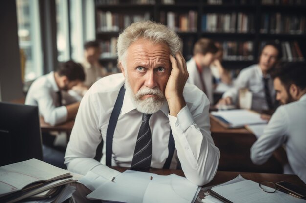 Photo business person overwhelmed and stressed with to many papers and files work concept