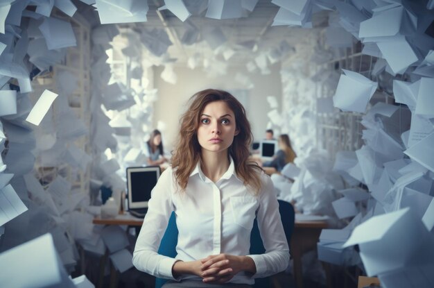 Photo business person overwhelmed and stressed with to many papers and files work concept