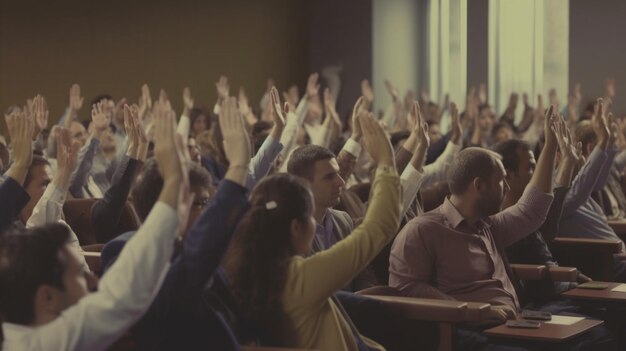 Business person raising hand during seminar Ai Generative