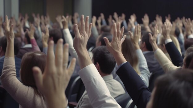 Business person raising hand during seminar Ai Generative