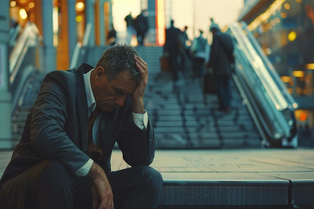 A business person sitting on the ground with his head in his hands