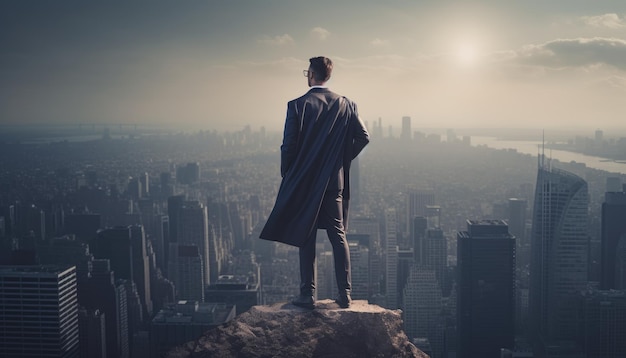 A business person standing top a skyscraper looking out over the city with a superhero pose