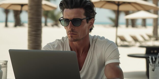 Business person use laptop computer in luxury resort hotel beach club in summer