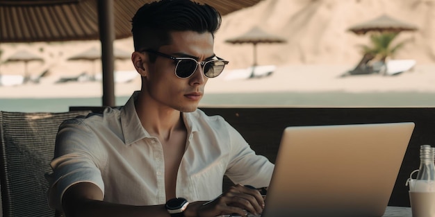 Business person use laptop computer in luxury resort hotel beach club in summer