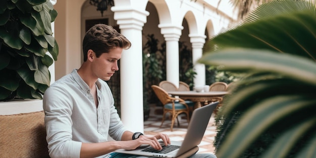 Business person using laptop computer in luxury hotel lobby candid view