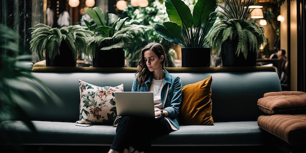 Business person using laptop computer in luxury hotel lobby candid view