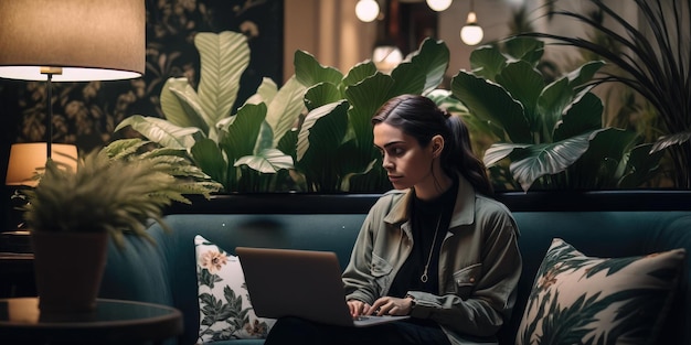 Business person using laptop computer in luxury hotel lobby candid view