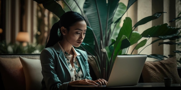 Photo business person using laptop computer in luxury hotel lobby candid view