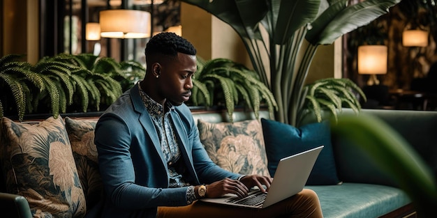 Business person using laptop computer in luxury hotel lobby candid view