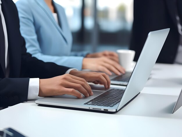 Photo business person using laptop and man or woman operating laptop and making a note business office