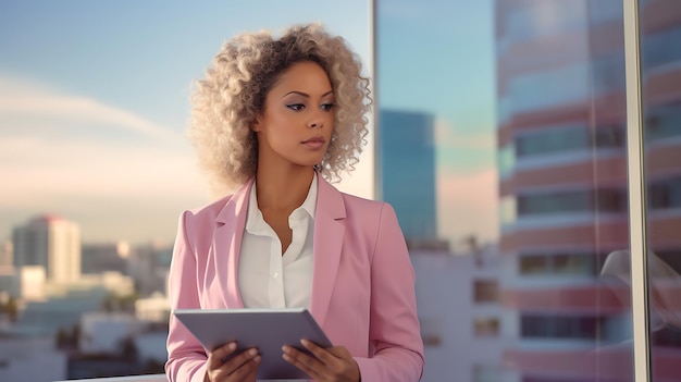 Business person using a tablet to analyze data AI technology analysis with a blurred background