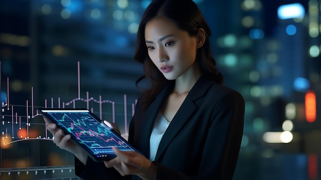 Business person using a tablet to analyze data AI technology analysis with a blurred background