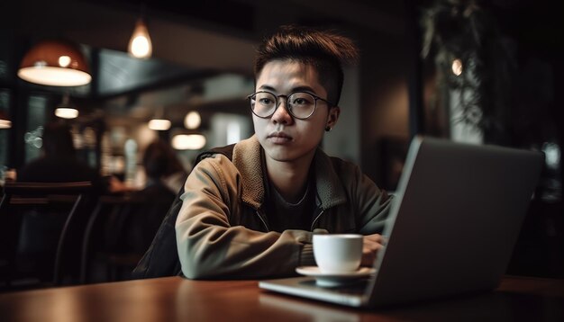 A business person working on a laptop at a coffee shop promoting the idea of remote work