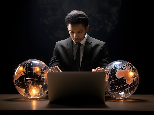 Business person working with laptop with earth symbol in the background