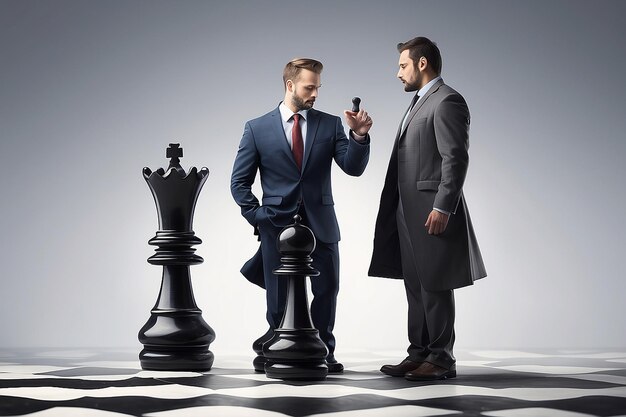 Business plan and strategy concept Businessman moving giant chess piece against another chess piece