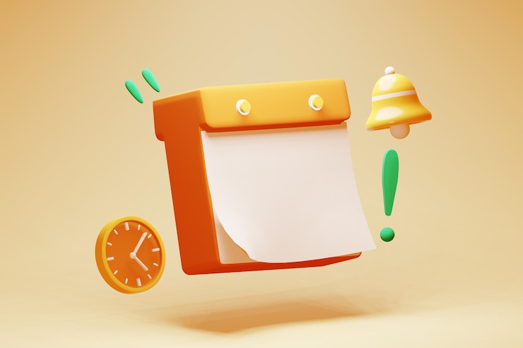 Photo business planning event reminder with 3d floating calendar, bell, and wall clock in orange