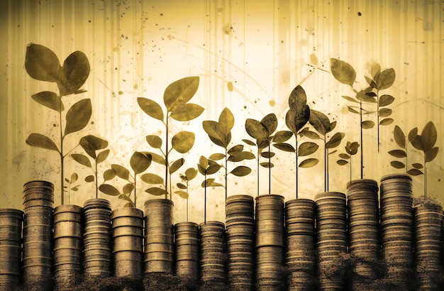 Photo business plants sprouting from coins in front of graph