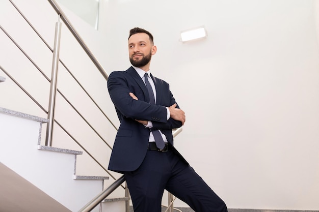 Business portrait of a man in an office suit on the landing career growth concept