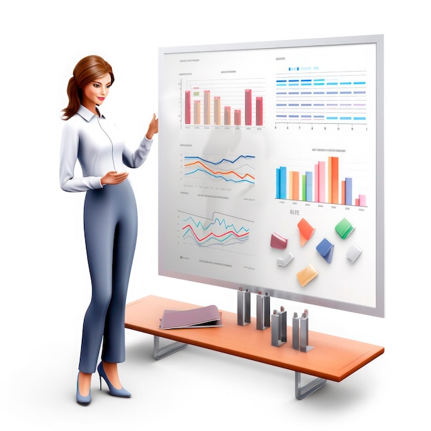 Business presentation 3d icon of an office woman who presents a diagram and graph to colleagues