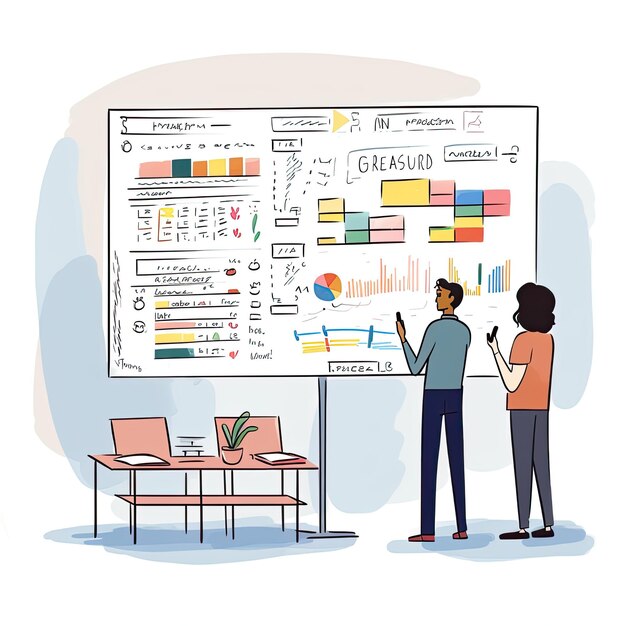 Business presentation people standing near flipchart with graphs and charts Vector illustration