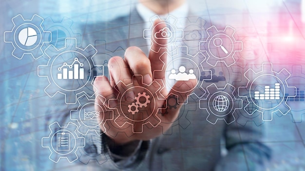 Business process abstract diagram with gears and icons Workflow and automation technology concept