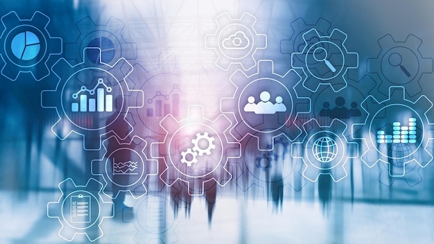 Business process abstract diagram with gears and icons Workflow and automation technology concept