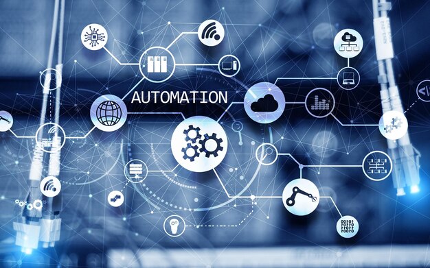 Business process automation concept on blurred network cabinets New project 2020