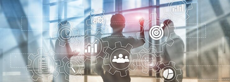 Business process automation concept Gears en pictogrammen op abstracte achtergrond
