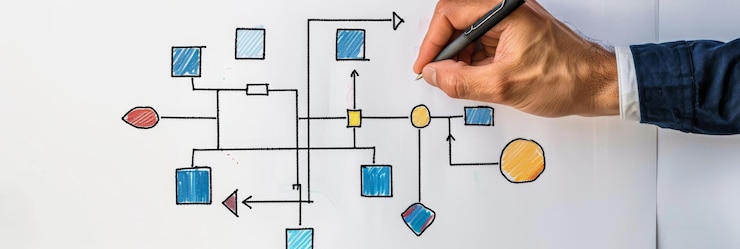 Foto business process flowchart met handtekening op whiteboard
