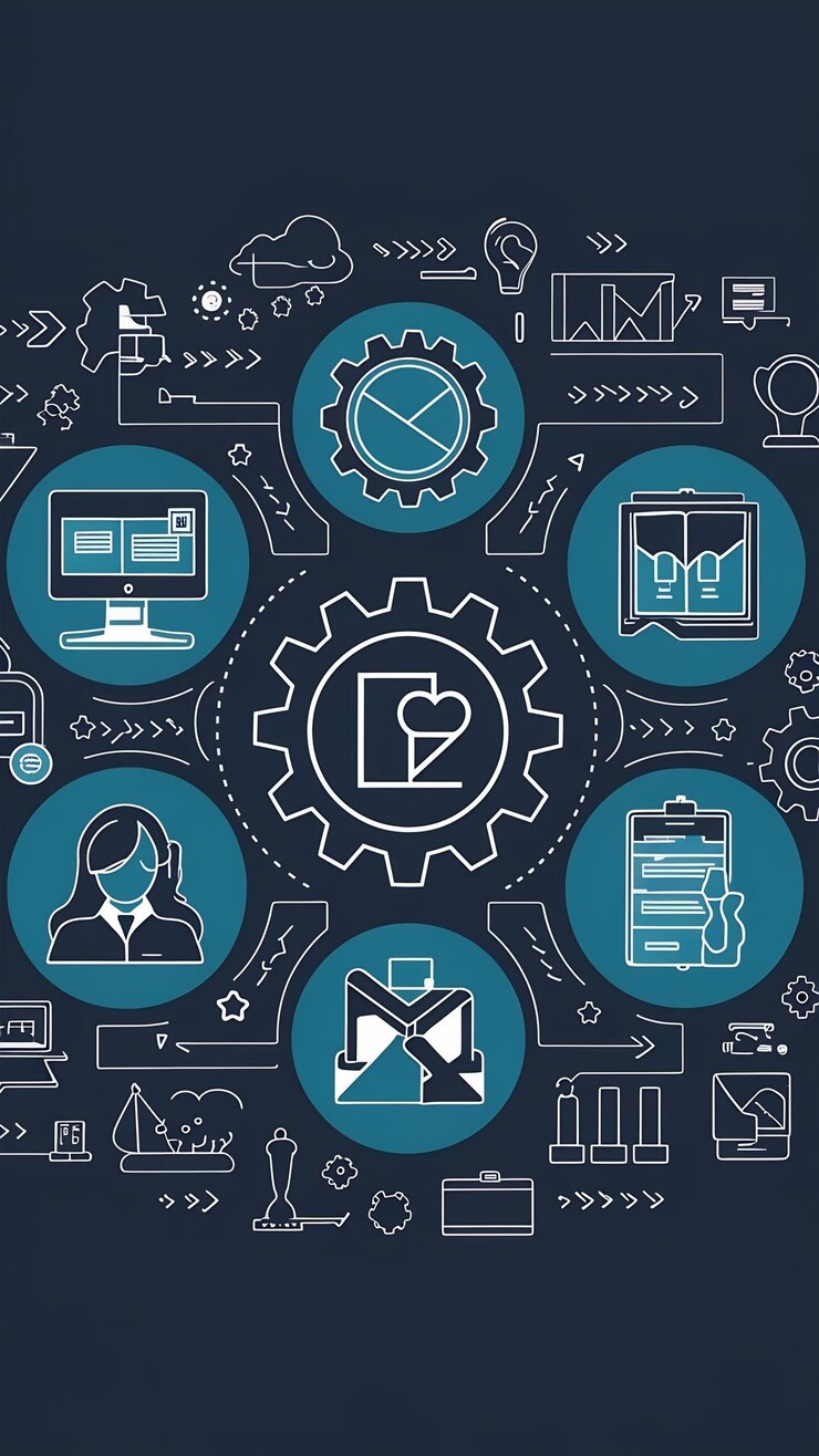 Photo business process management and workflow automation flowchart gears icons manager