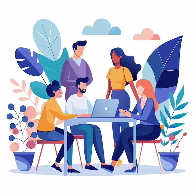 Business process and teamwork concept showing a dedicated team in a brainstorming meeting sharing ideas colored vector illustration