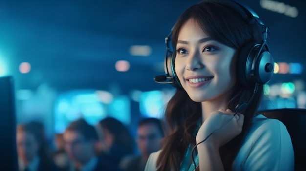 비즈니스 전문 아시아 여성은 사람들과 대화하는 마이크가 있는 헤드셋을 가볍게 착용합니다.