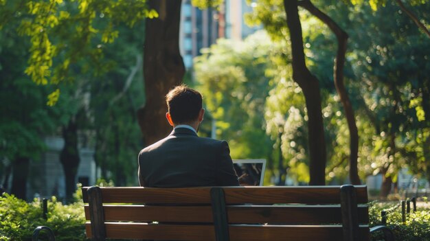 Photo business professional enjoying a peaceful moment in city park blending work life balance in corporate lifestyle