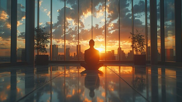 Business professional finds zen with office meditation