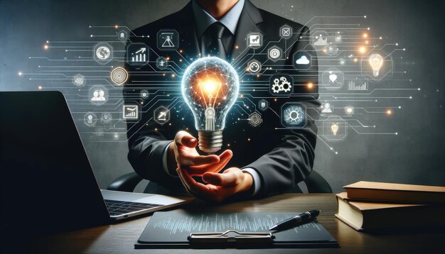 Business professional showcasing a holographic lightbulb concept with digital icons and graphs