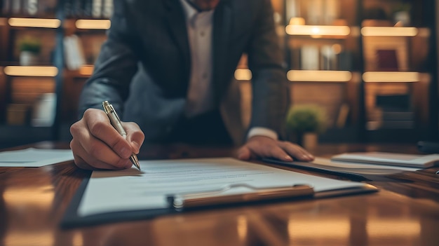 Business professional signing contract in office setting closeup of hand and pen over document modern corporate environment AI