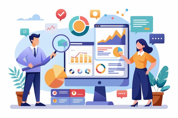 Photo business professional team analyzing business data on multiple screens illustration