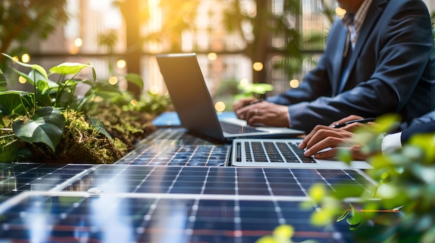 Business professional working outdoors on laptop in urban green space connectivity and mobile office concept sustainable business lifestyle AI