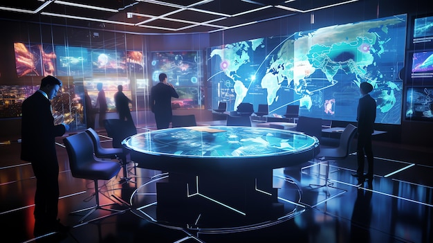 business professionals are gathered in a hightech decision room powered by artificial intelligence