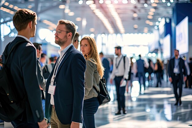 Business professionals attending an industry trade fair