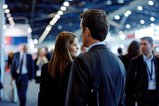 Business professionals attending an industry trade fair