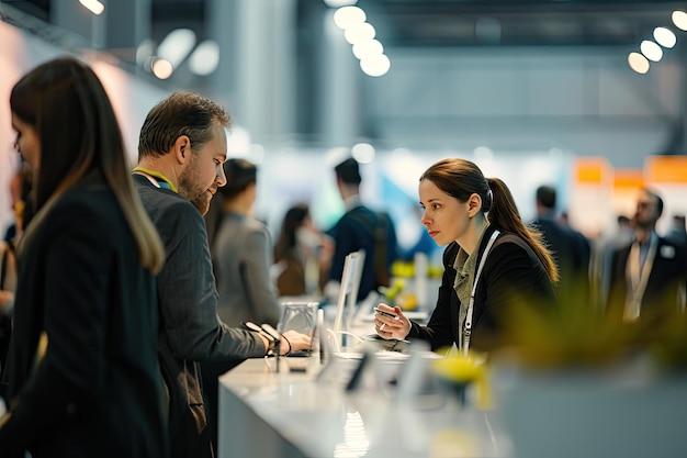 Business professionals attending an industry trade fair